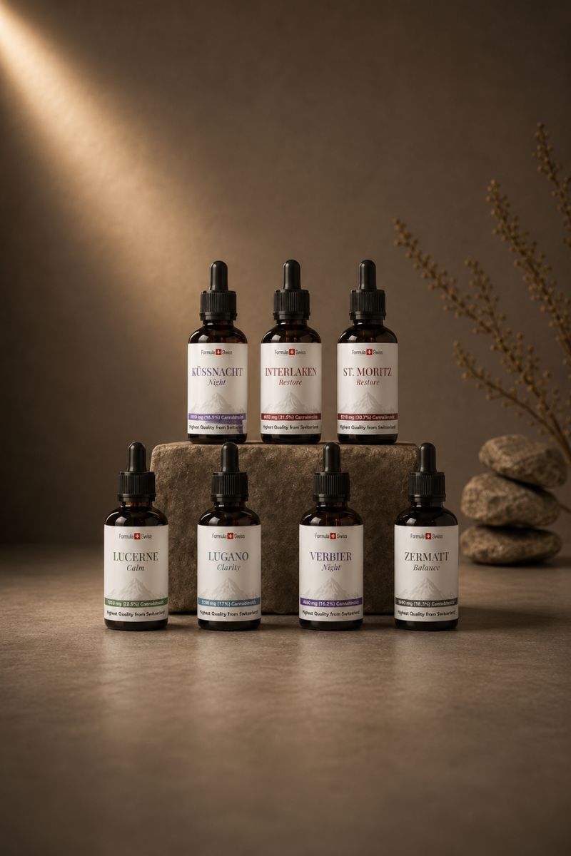 Formula Swiss CBD coleção de óleo com sete garrafas de conta-gotas âmbar dispostas em pedra em um ambiente de estúdio premium.